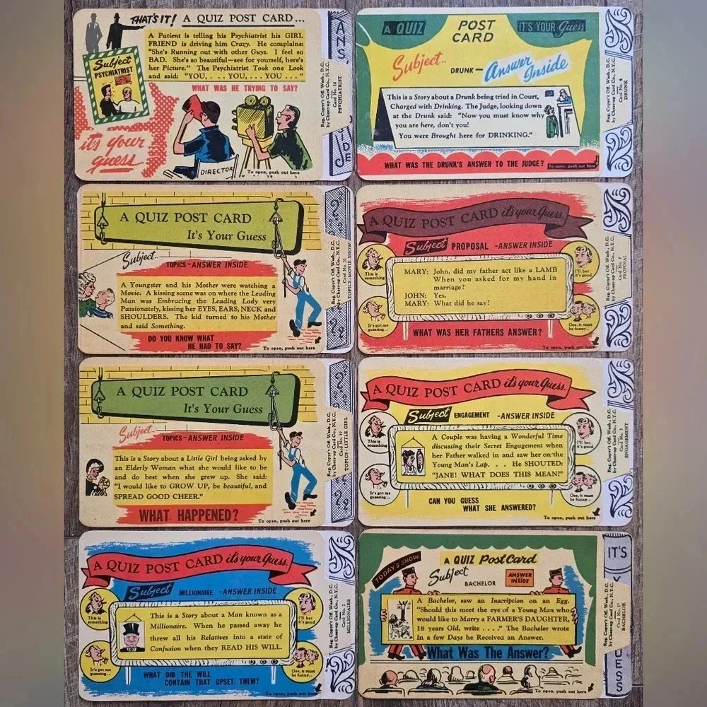Lot of 8 RARE 1959 Humorous Comic Quiz Postcards • Cheer-Up Card Company - Picture 1 of 3